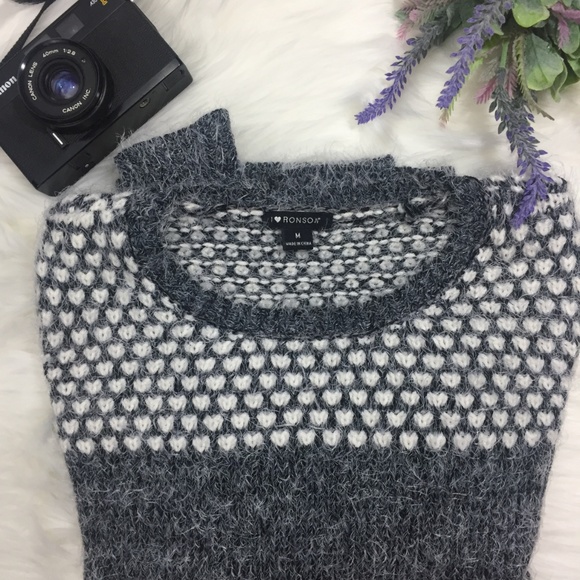 NWT I Love Ronson Fuzzy Knit Heart Gray Sweater M - Picture 2 of 8